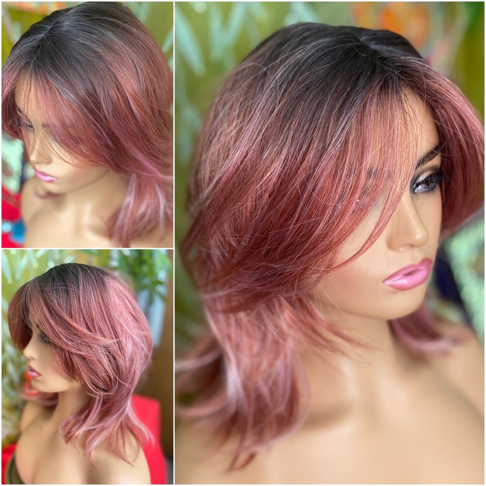 Ombré - pink layered wig with curtain bangs